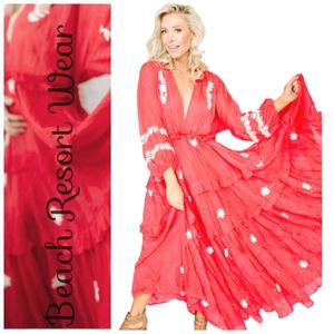 Resortwear Coral /Red/White Ruffled V Neck Floral Cotton Maxidress